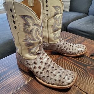 Grey ostrich boots with tan tops